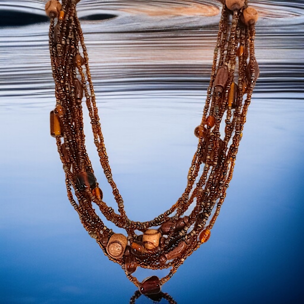 Wood Amber Glass Bead Necklace Long Multi Strand Boho‎ Layered Statement Tribal